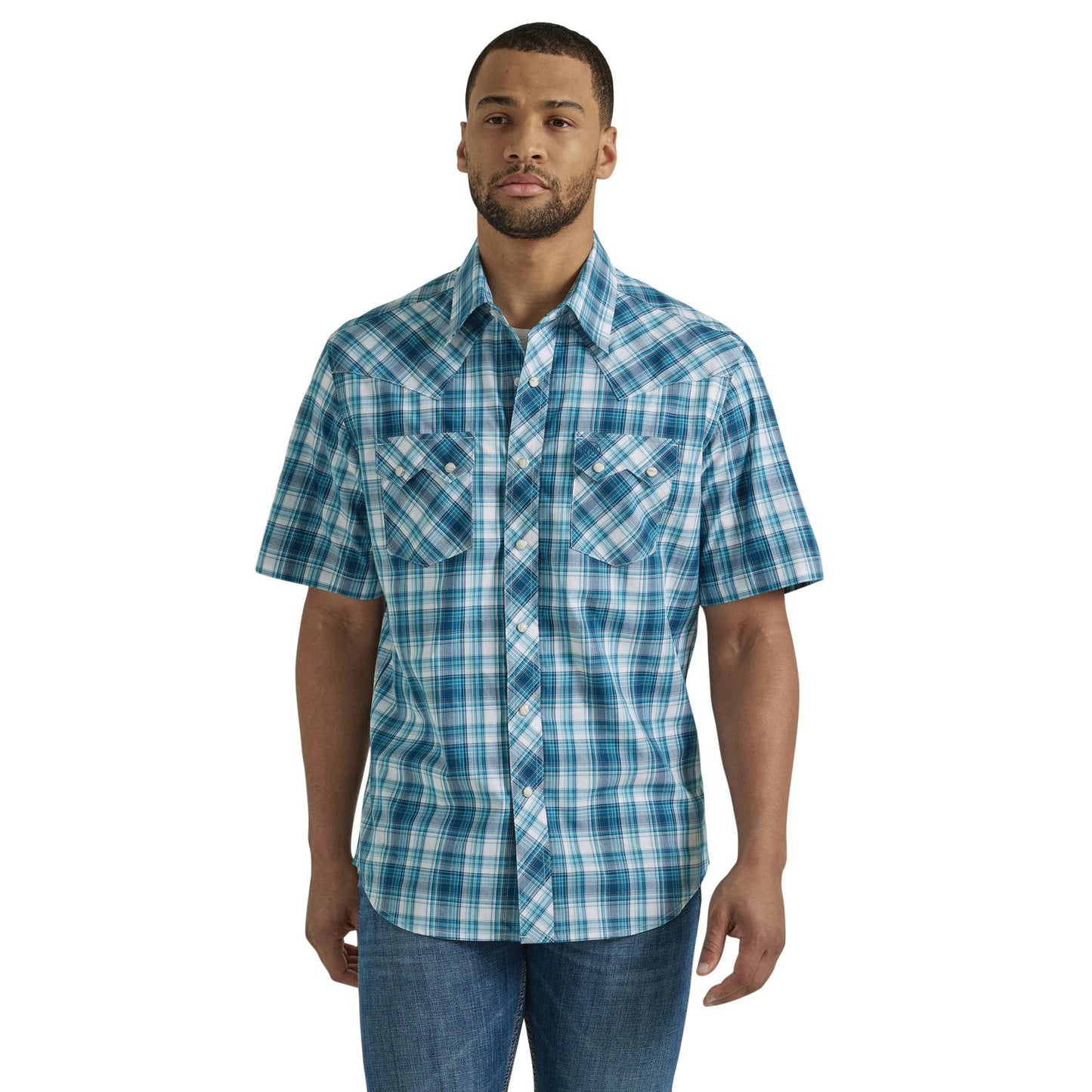 Men's Wrangler Retro® Short Sleeve Western Snap Shirt - MIXED BLUE PLAID