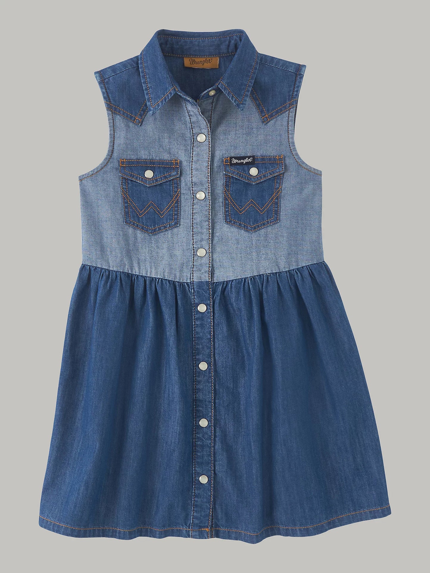 GIRL'S CONTRAST WASH DENIM WESTERN SHIRT DRESS IN BLUE