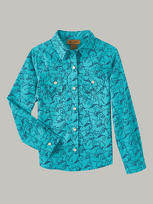 Girls Western Snap Shirt- Teal Horse