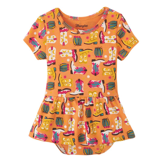 BABY GIRL'S COWGIRL BOOT SKIRTED BODYSUIT IN ORANGE MULTI