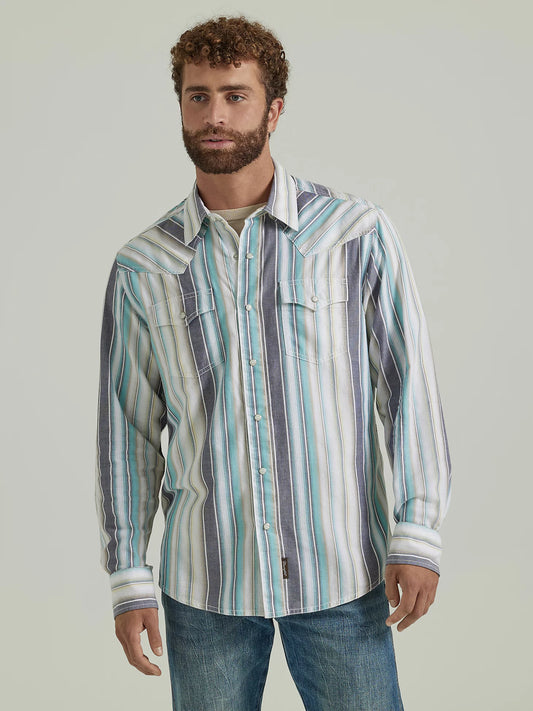 MEN'S WRANGLER RETRO PREMIUM WESTERN SNAP PRINT SHIRT IN SEAFOAM STRIPE