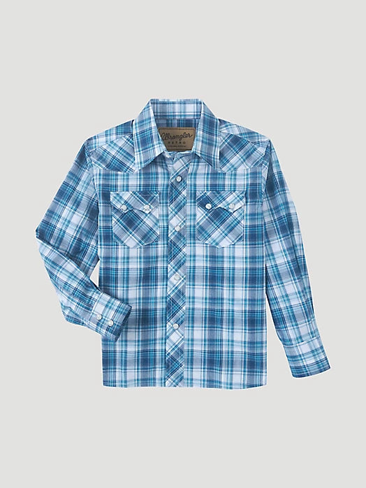 Boy's Wrangler Retro® Long Sleeve Western Snap Shirt -MIXED BLUE PLAID