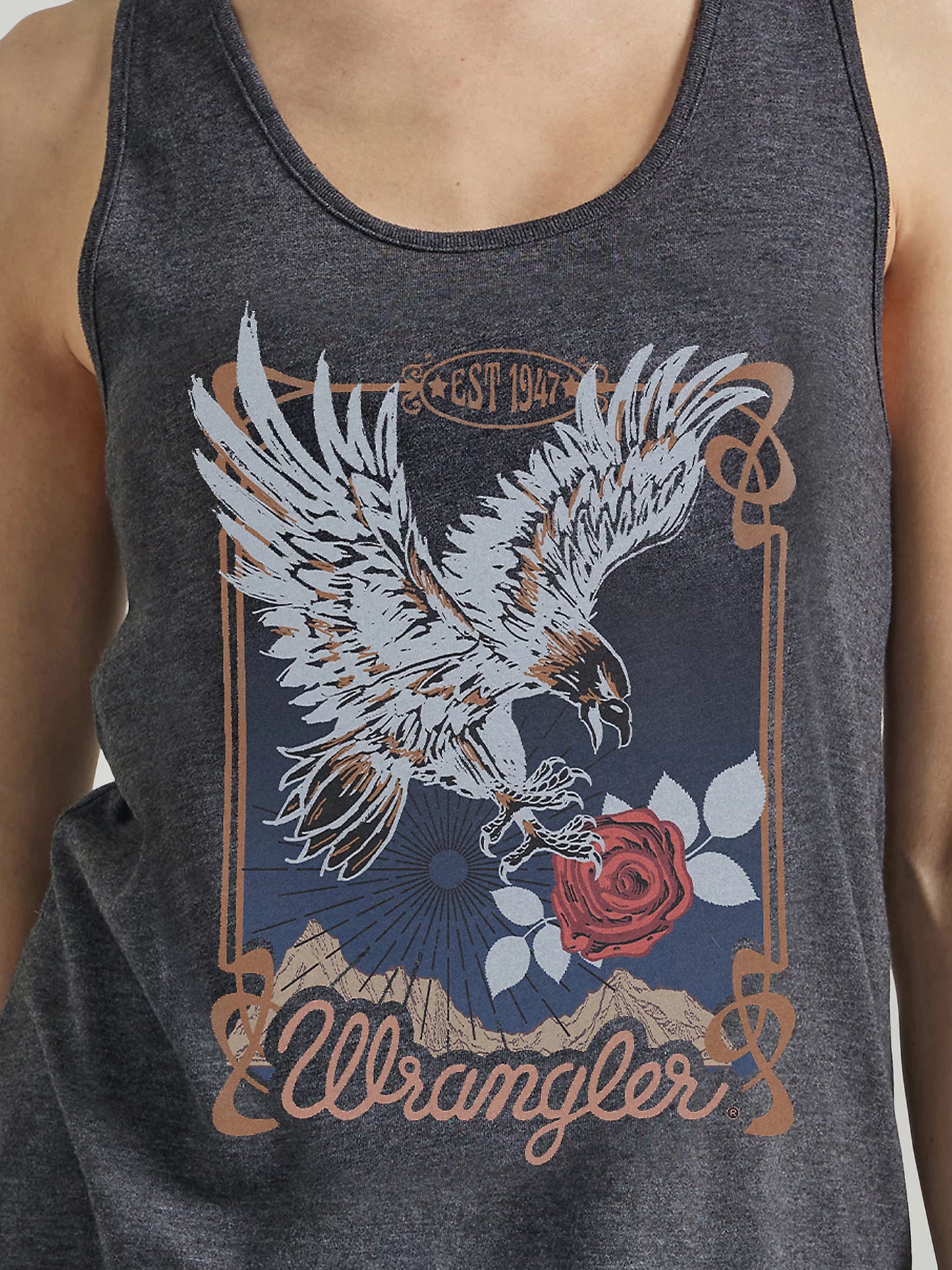 WOMEN'S WRANGLER SWOOPING EAGLE RACERBACK TANK IN CAVIAR HEATHER