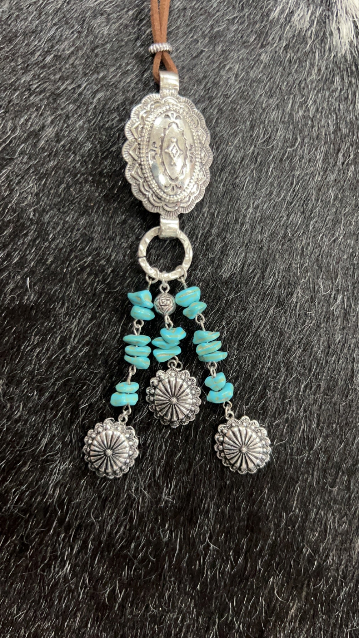 TURQUOISE SAN ANTONIO FALLS CONCHO CORD NECKLACE AND EARRING SET