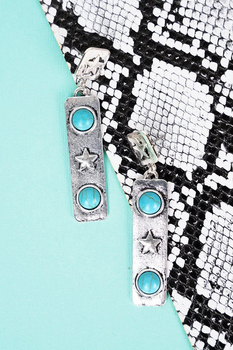 SILVERTONE AND TURQUOISE STAR HAMMERED EARRINGS