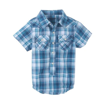 Baby Boy Wrangler Short Sleeve Western Snap Onesie - MIXED BLUE PLAID