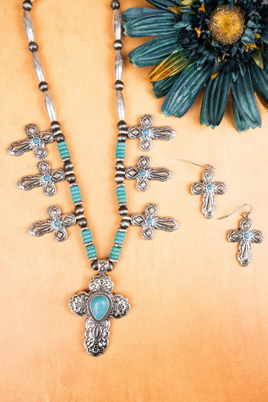 SILVERTONE AND TURQUOISE CROSS CHARM NECKLACE AND EARRING SET