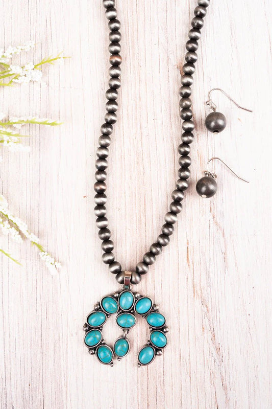 TURQUOISE NAJA SILVER NAVAJO INSPIRED PEARL NECKLACE AND EARRING SET