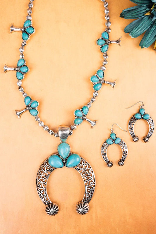 TURQUOISE KOLOB ARCH SQUASH BLOSSOM NECKLACE AND EARRING SET