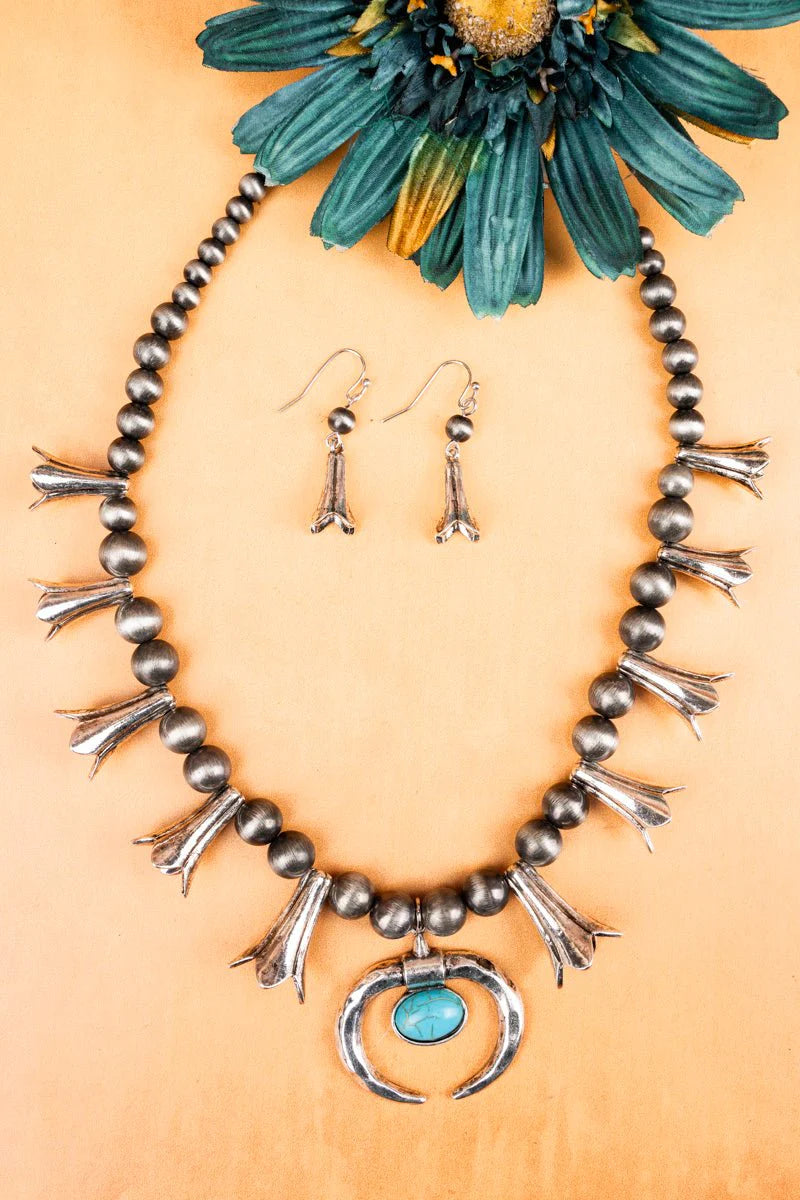 TURQUOISE RAMSEY SQUASH BLOSSOM NECKLACE AND EARRING SET