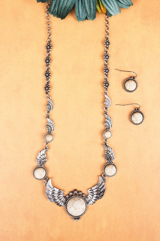 HOWLITE AND SILVERTONE WING DESIGN NECKLACE AND EARRING SET