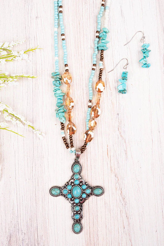 Turquoise Bosler Cross Beaded Necklace and Earring Set