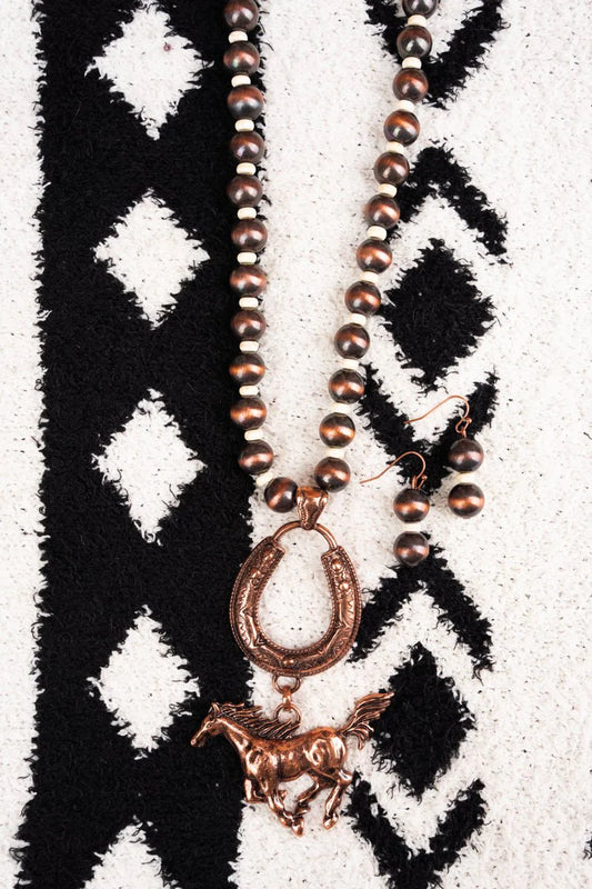 HOWLITE HORSESHOE RUN COPPER PEARL NECKLACE AND EARRING SET