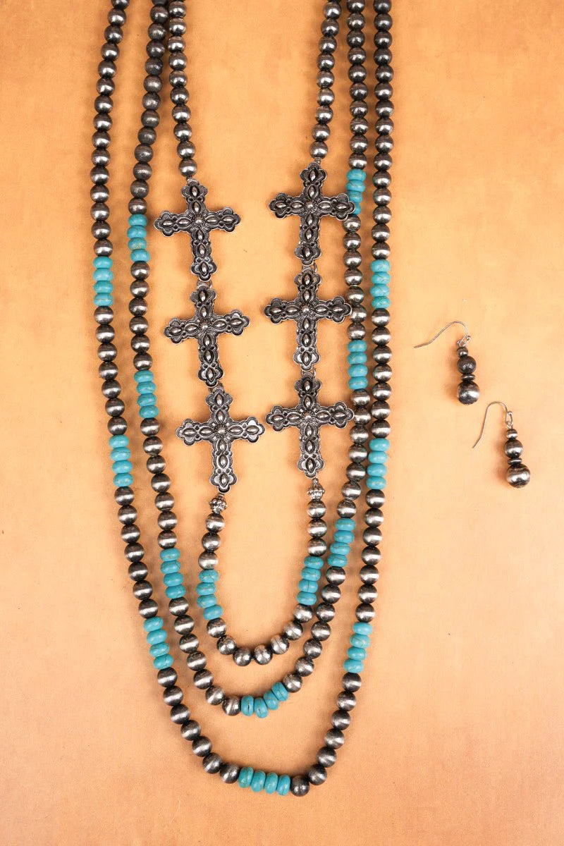 CROSS MOUNTAIN TURQUOISE & SILVER PEARL NECKLACE AND EARRING SET