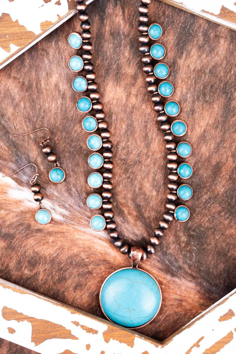 BIGLAKE TURQUOISE & COPPER PEARL NECKLACE AND EARRING SET