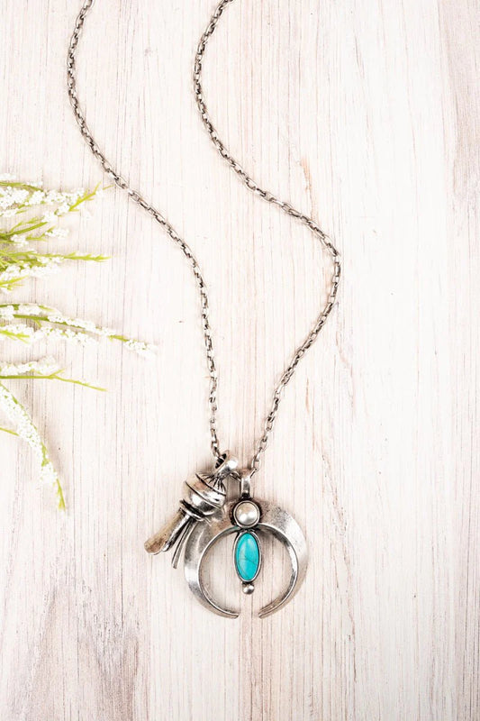 Burnished Silverstone And Turquoise Bead Naja Squash Blossom Necklace