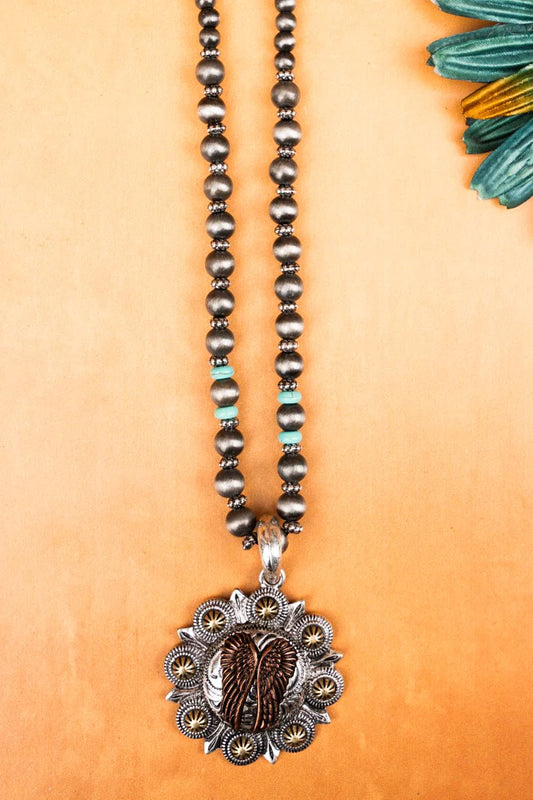 SILVERTONE WITH TWO-TONE WINGS CONCHO NAVAJO INSPIRED PEARL NECKLACE