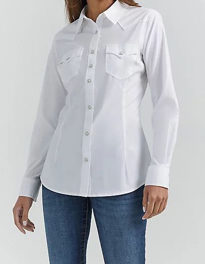 Wrangler Western Snap Shirt- Womens Long Sleeve White