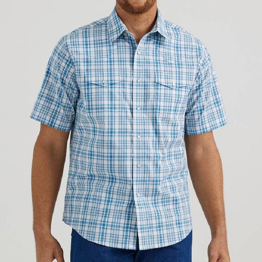 Wrangler Mens Wrinkle Resistant Short Sleeve - Blue/White Plaid